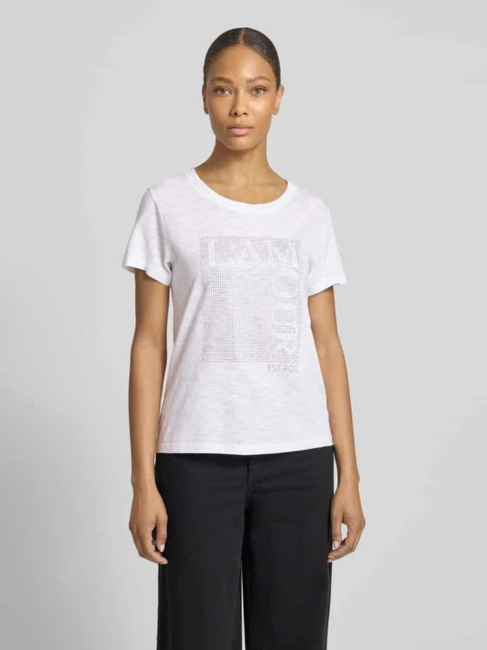 Zdjęcie produktu t-shirt z obszyciem ozdobnymi kamieniami i okrągłym dekoltem Monari Złamany biały