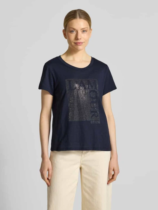 Zdjęcie produktu t-shirt z obszyciem ozdobnymi kamieniami i okrągłym dekoltem Monari Granatowy