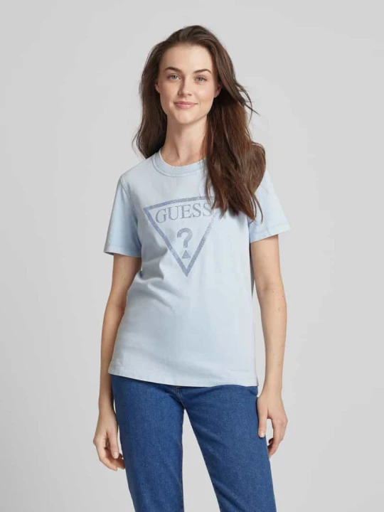 Zdjęcie produktu T-shirt z obszyciem z kamieni stras Guess Jasnoniebieski
