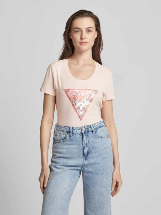 Zdjęcie produktu T-shirt z obszyciem z kamieni stras Guess Jasnoróżowy