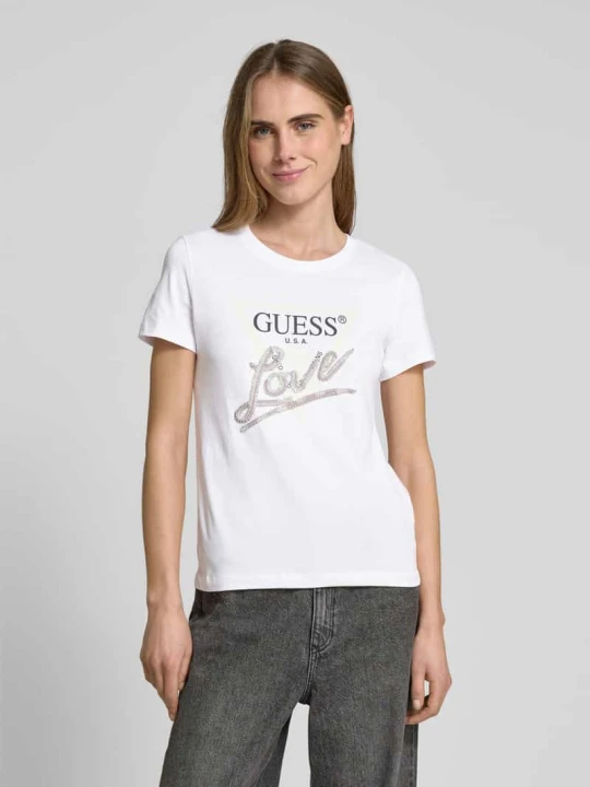 Zdjęcie produktu T-shirt z obszyciem ozdobnymi kamieniami Guess Biały