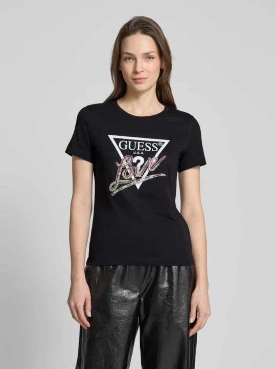 Zdjęcie produktu T-shirt z obszyciem ozdobnymi kamieniami Guess Czarny