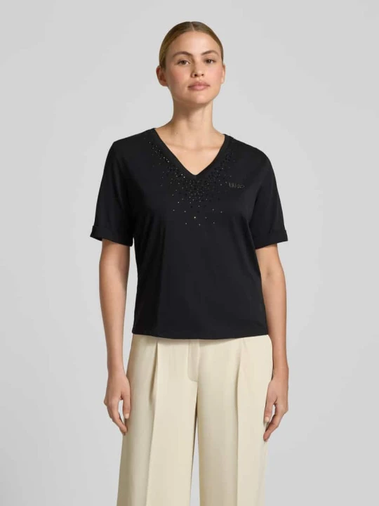 Zdjęcie produktu t-shirt z obszyciem z kamieni stras i dekoltem w serek Liu Jo Czarny