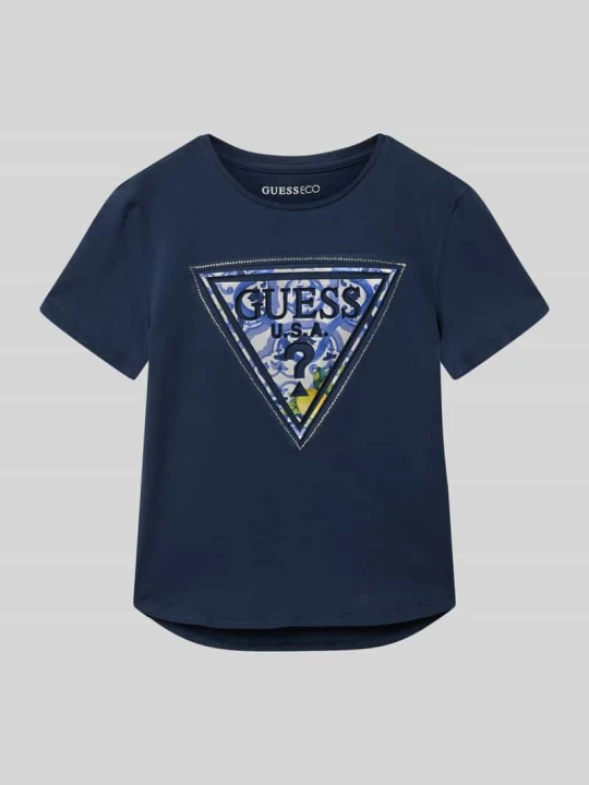 Zdjęcie produktu t-shirt z obszyciem z kamieni stras i nadrukiem z logo Guess Granatowy