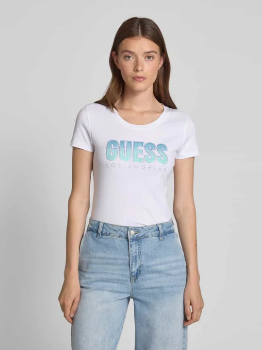Zdjęcie produktu T-shirt z obszyciem ozdobnymi kamieniami Guess Biały