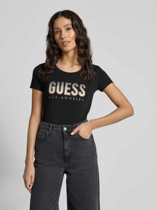 Zdjęcie produktu T-shirt z obszyciem ozdobnymi kamieniami Guess Czarny