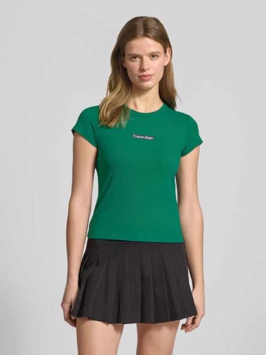 Zdjęcie produktu T-shirt z okrągłym dekoltem i nadrukiem z logo marki Calvin Klein Jeans Ciemnozielony
