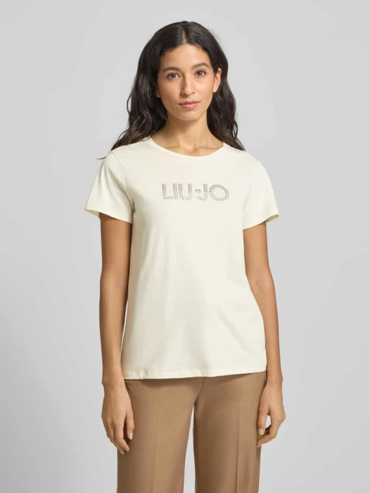 Zdjęcie produktu T-shirt z okrągłym dekoltem i obszyciem ozdobnymi kamieniami Liu Jo Złamany biały