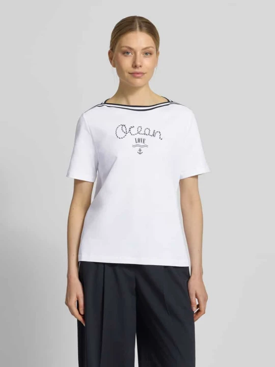 Zdjęcie produktu t-shirt z paski w kontrastowym kolorze i nadrukiem Marc Cain