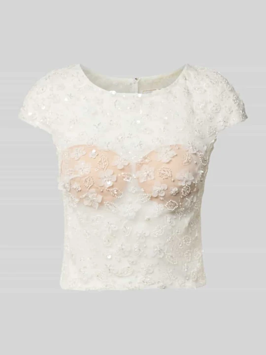 Zdjęcie produktu T-shirt z perełkami i dekoltem w łódkę Luxuar Złamany biały