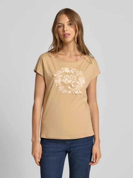 Zdjęcie produktu T-shirt z prążkowanym dekoltem w łódkę model ‘GRIETA’ Lauren Ralph Lauren Piaskowy