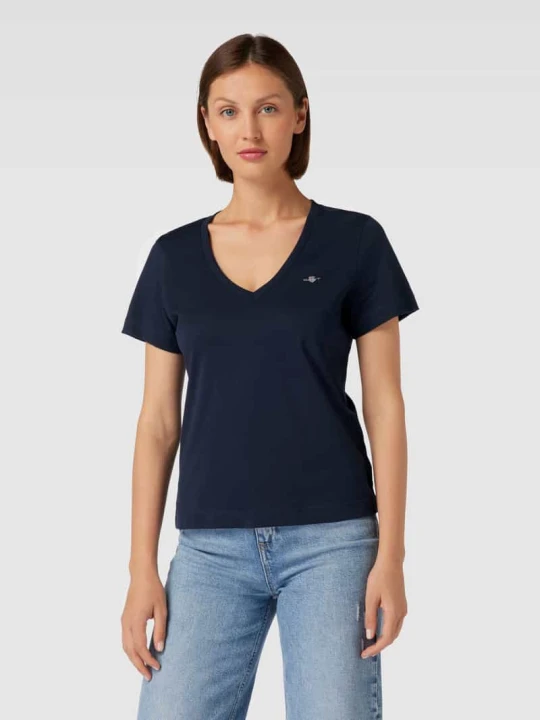 Zdjęcie produktu T-shirt z prążkowanym dekoltem w serek Gant Granatowy