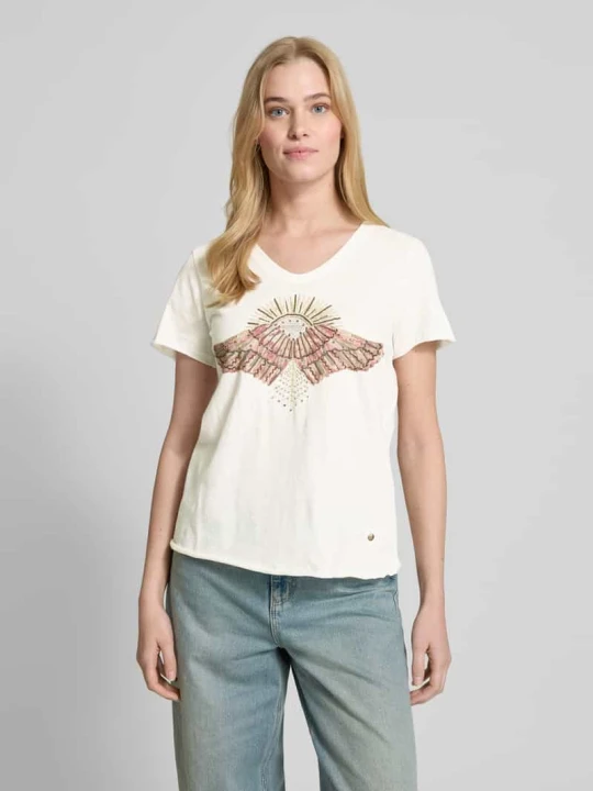 Zdjęcie produktu T-shirt z prążkowanym dekoltem w serek model ‘Nadine’ MOS MOSH Złamany biały