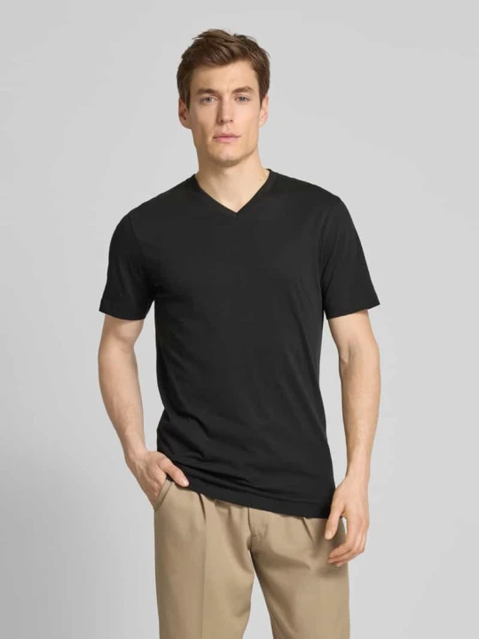 Zdjęcie produktu T-shirt z prążkowanym dekoltem w serek w zestawie 2 szt. OLYMP Level 5 Czarny
