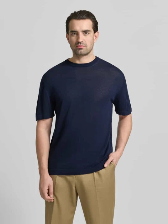 Zdjęcie produktu T-shirt z prążkowanym okrągłym dekoltem CRUNA Ciemnoniebieski