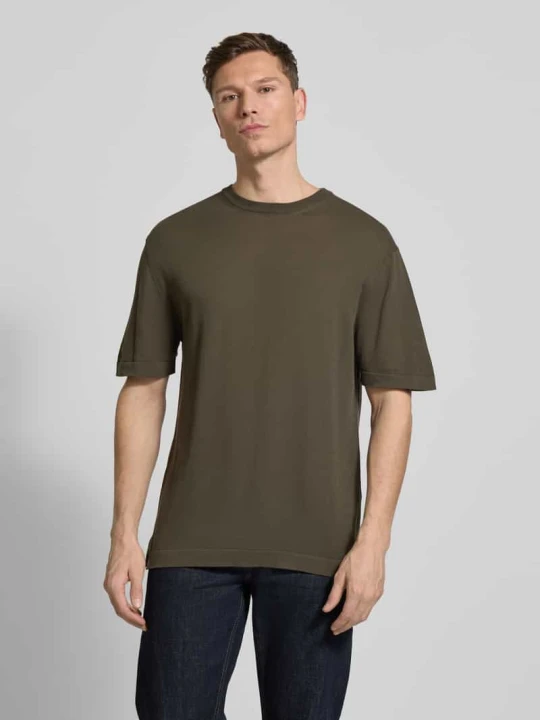 Zdjęcie produktu T-shirt z prążkowanym okrągłym dekoltem CRUNA Oliwkowy