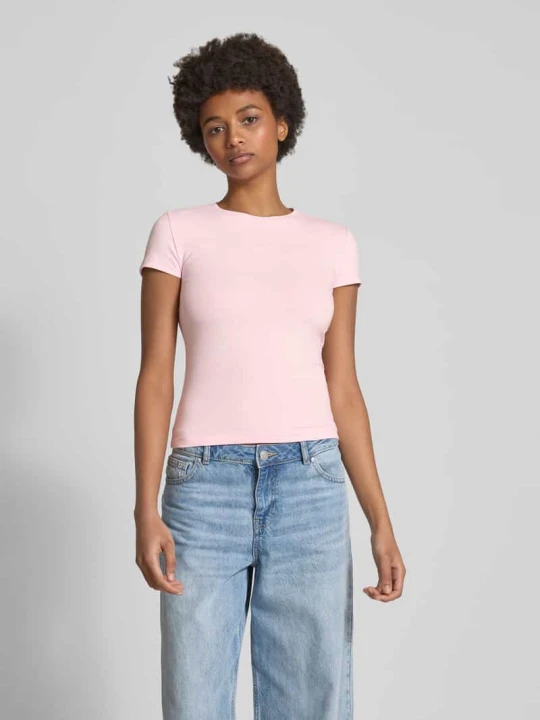 Zdjęcie produktu T-shirt z prążkowanym, okrągłym dekoltem model ‘Franka’ LeGer Mocnoróżowy