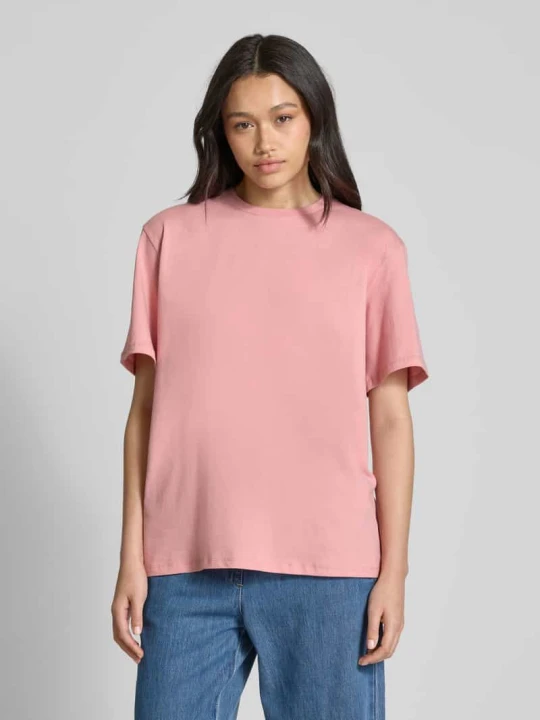 Zdjęcie produktu T-shirt z prążkowanym, okrągłym dekoltem model ‘Milly’ EDITED Mocnoróżowy