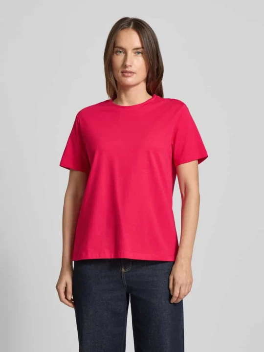 Zdjęcie produktu T-shirt z prążkowanym okrągłym dekoltem model „NORA” Vila Mocnoróżowy