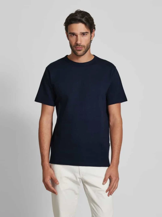 Zdjęcie produktu T-shirt z prążkowanym, okrągłym dekoltem model ‘SANDER’ Selected Granatowy