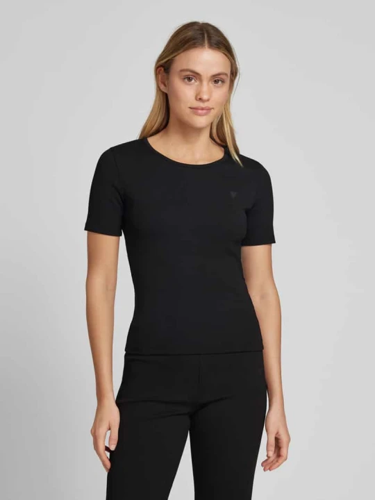 Zdjęcie produktu T-shirt z prążkowanym, okrągłym dekoltem model ‘STEFFI’ Guess Czarny