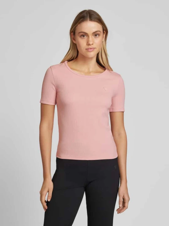Zdjęcie produktu T-shirt z prążkowanym, okrągłym dekoltem model ‘STEFFI’ Guess Brudnoróżowy