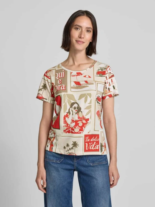 Zdjęcie produktu T-shirt z prążkowanym okrągłym dekoltem Monari Jasnoczerwony