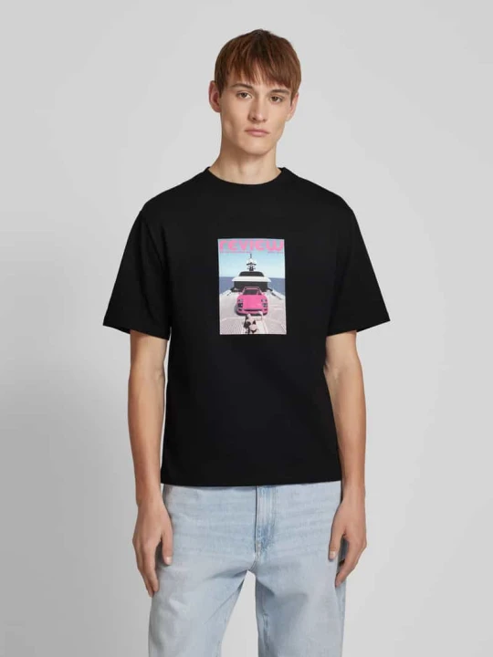 Zdjęcie produktu T-shirt z prążkowanym okrągłym dekoltem REVIEW Czarny