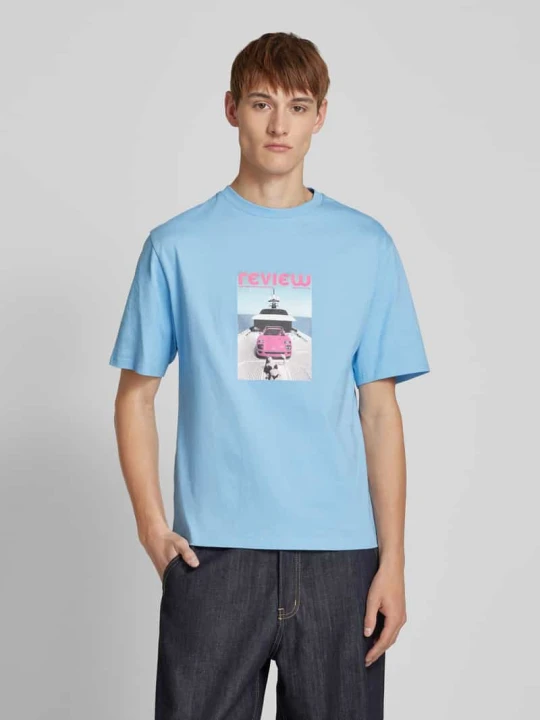 Zdjęcie produktu T-shirt z prążkowanym okrągłym dekoltem REVIEW Jasnoniebieski