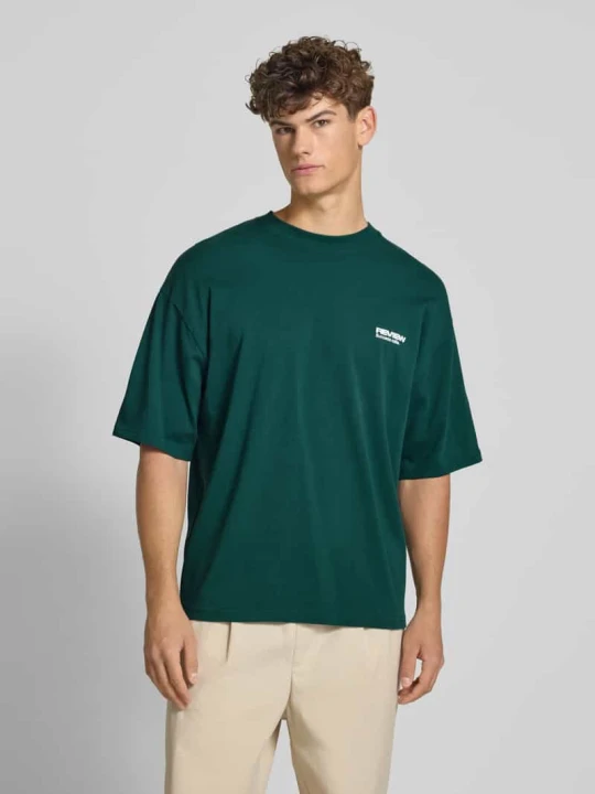 Zdjęcie produktu T-shirt z prążkowanym okrągłym dekoltem REVIEW Ciemnozielony