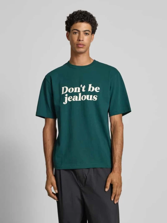 Zdjęcie produktu T-shirt z prążkowanym okrągłym dekoltem REVIEW Ciemnozielony
