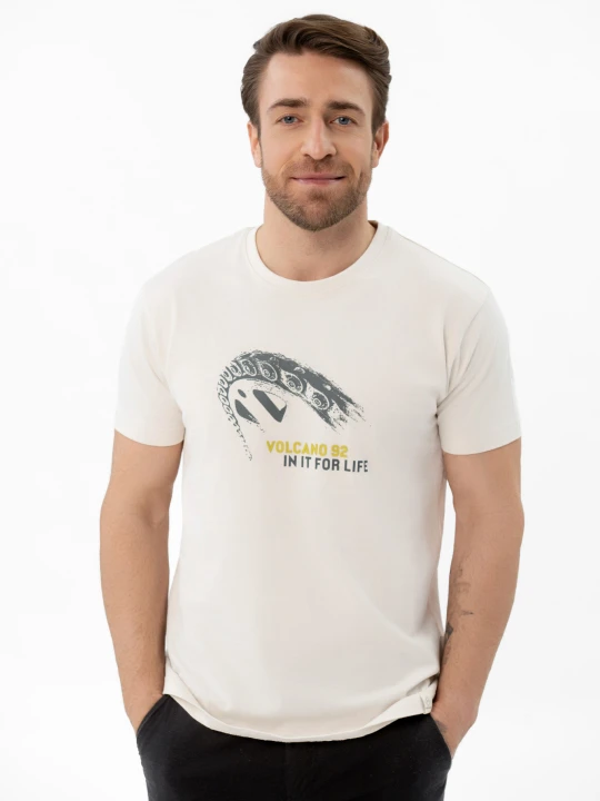Zdjęcie produktu T-shirt z printem T-INIT Volcano Kremowy