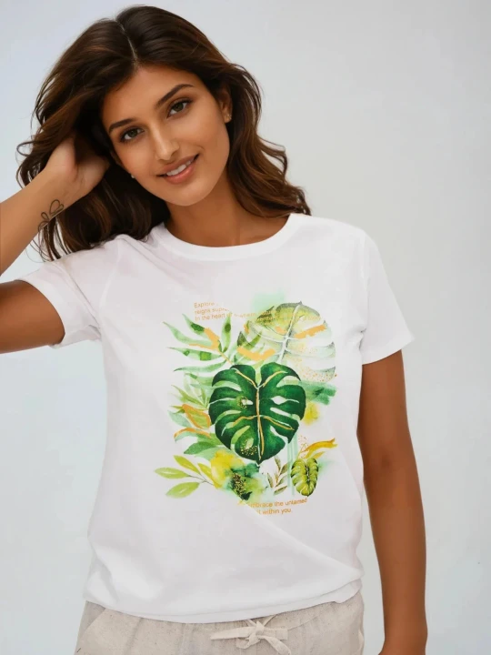 Zdjęcie produktu T-shirt z tropikalnym nadrukiem biały Moodo