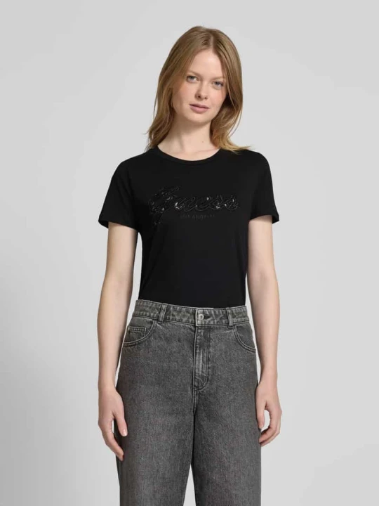 Zdjęcie produktu T-shirt z wiskozy z obszyciem kamieniami stras Guess Czarny