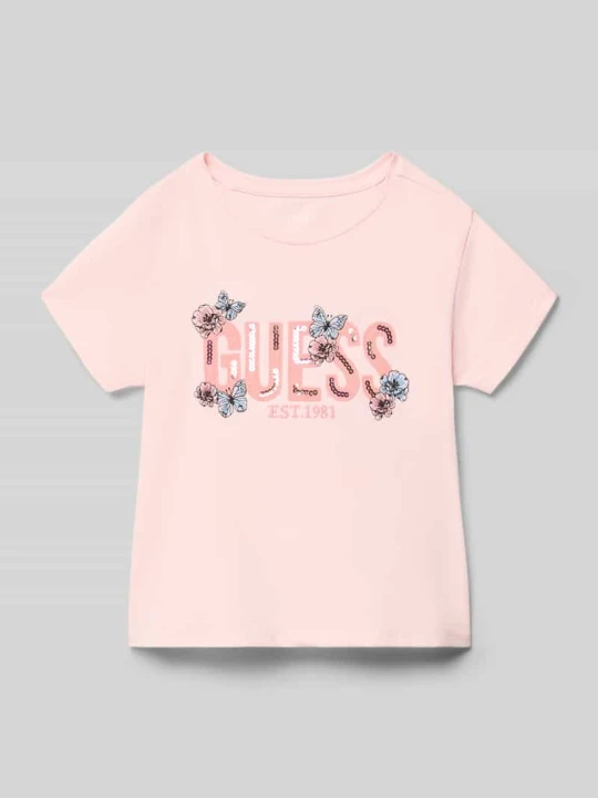 Zdjęcie produktu T-shirt z naszywanym logo i cekinami Guess Jasnoróżowy