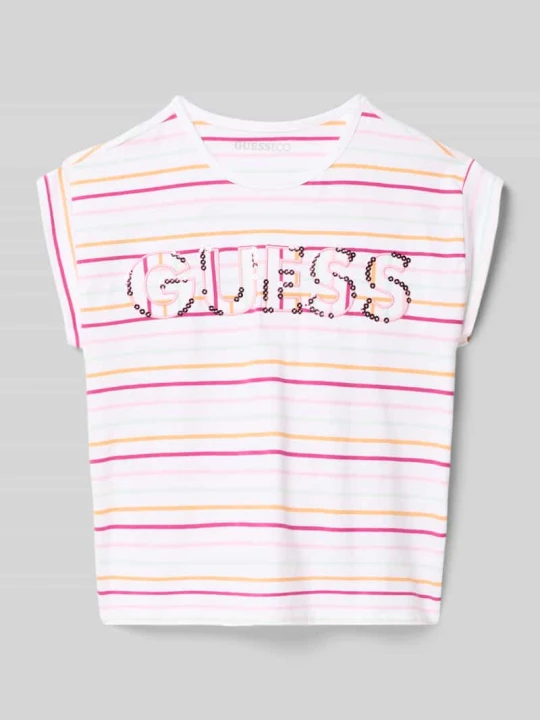 Zdjęcie produktu t-shirt z wyhaftowanym logo i cekinowym obszyciem Guess Biały