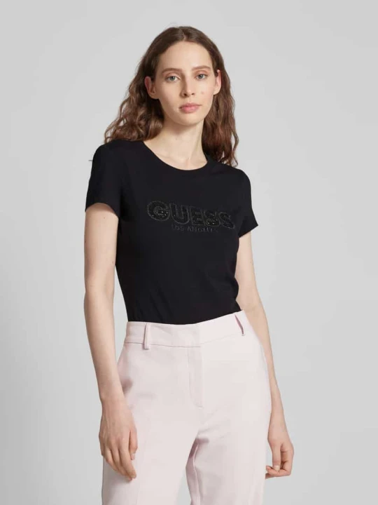 Zdjęcie produktu T-shirt z wyhaftowanym logo i obszyciem ozdobnymi kamieniami Guess Czarny