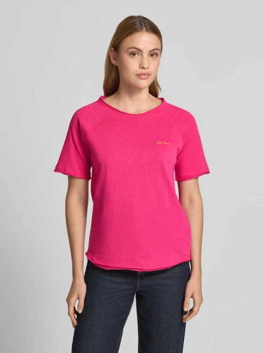 Zdjęcie produktu t-shirt z wyhaftowanym napisem i zrolowanym brzegiem Smith & Soul Mocnoróżowy