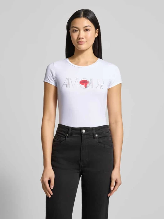 Zdjęcie produktu T-shirt z obszyciem ozdobnymi kamieniami Guess Biały