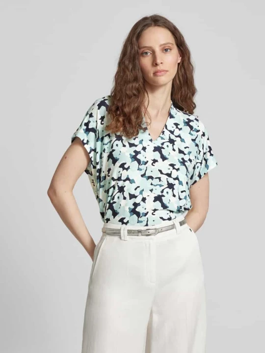 Zdjęcie produktu T-shirt ze wzorem na całej powierzchni i dekoltem w serek Tom Tailor Granatowy