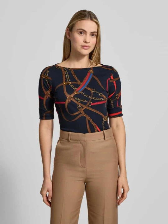 Zdjęcie produktu T-shirt o kroju slim fit z nadrukiem na całej powierzchni model 'JUDY' Lauren Ralph Lauren Granatowy