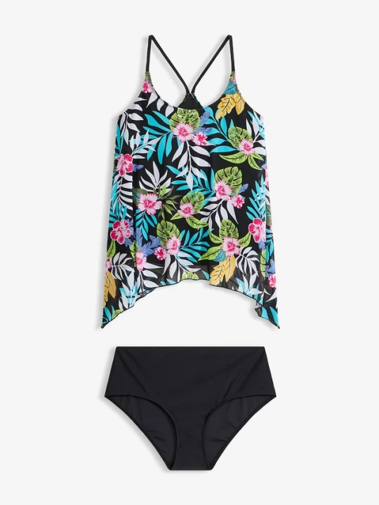 Zdjęcie produktu Tankini (komplet 2 cz.) z siateczkową koszulką z nadrukiem BonPrix czarny