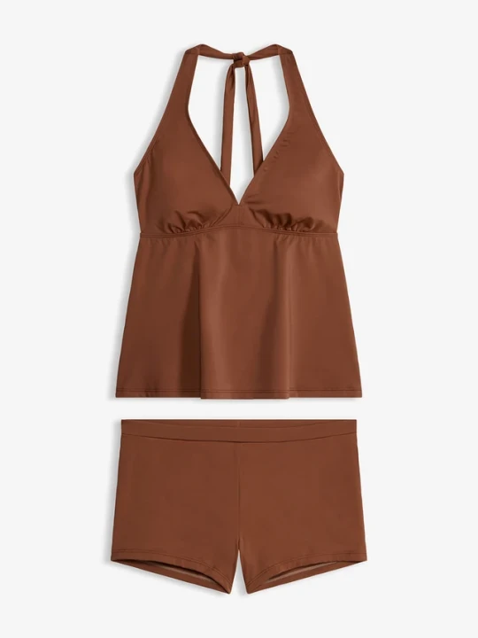 Zdjęcie produktu Tankini z dekoltem typu halter i spodenkami bikini (2 części) BonPrix brązowy