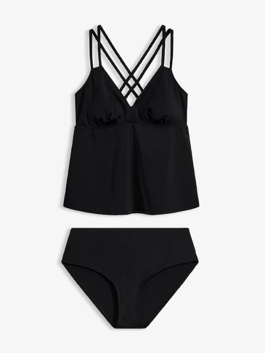Zdjęcie produktu Tankini ze skrzyżowanymi ramiączkami z szybkoschnącego materiału (komplet 2-cz.) BonPrix czarny