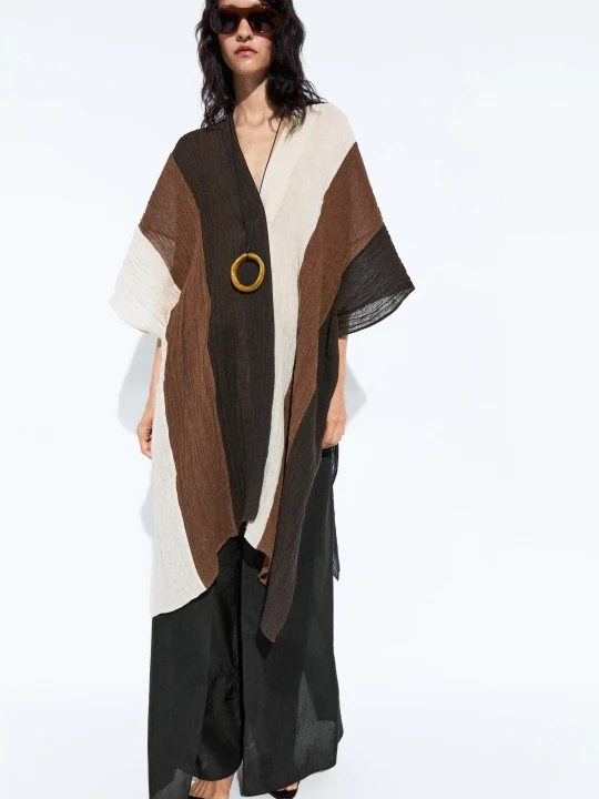 Zdjęcie produktu Teksturowany Trójkolorowy Kaftan Z Lnu - Brązowy - Massimo Dutti - Female