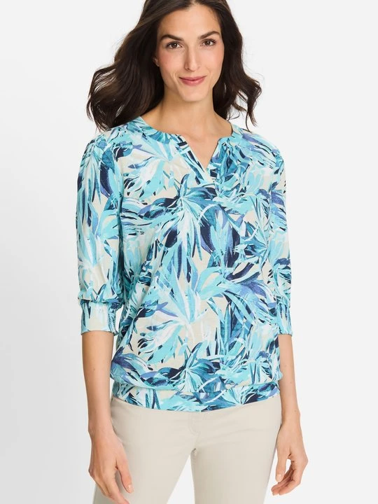 Zdjęcie produktu TENCEL™ Błękitna damska bluzka Clara z roślinnym wzorem – Ocean Breeze Olsen