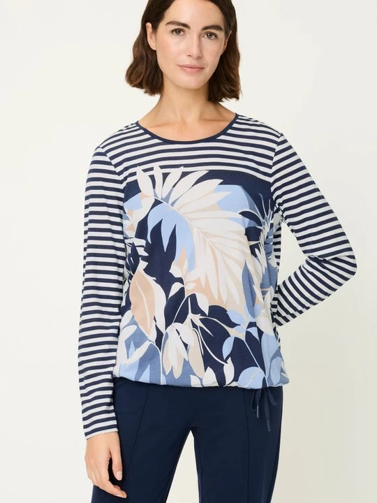 Zdjęcie produktu TENCEL™ Modal Granatowa bluzka damska w paski w paski z roślinnym wzorem – Refresh Olsen