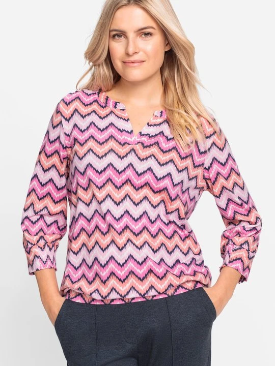 Zdjęcie produktu TENCEL™ Różowa bluzka damska Clara z etnicznym geometrycznym wzorem – Back in Bloom Olsen