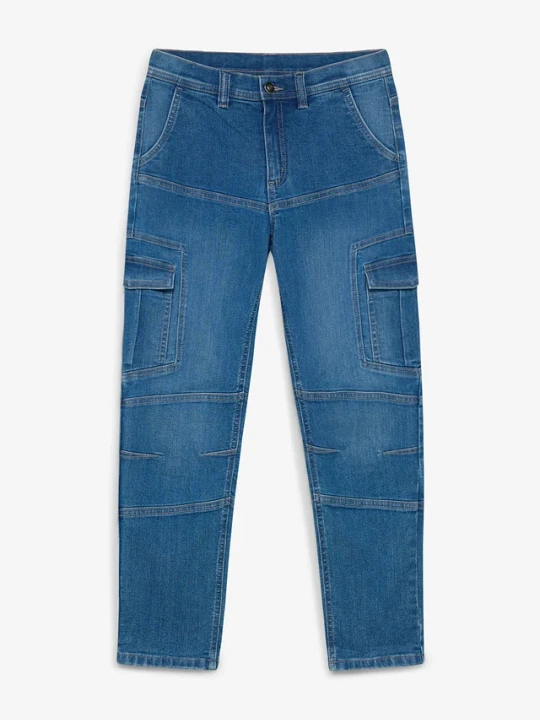 Zdjęcie produktu Termiczne jeansy cargo o kroju regular fit z podszewką z dzianiny BonPrix niebieski