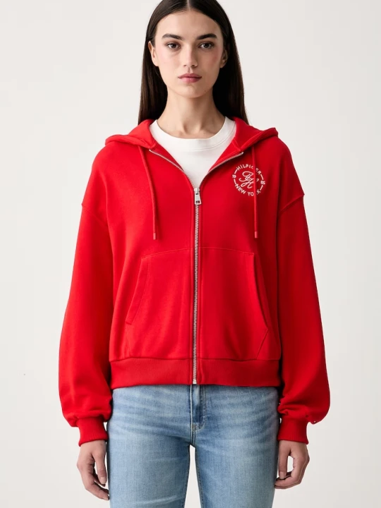 Zdjęcie produktu Tommy Hilfiger bluza rozpinana z kapturem damska bawełniana czerwony